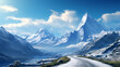 stockphoto, a breathtaking desktop wallpaper,a majestic snow-capped mountain range with a winding road leading up. Amazing view of a snowy alpine landscape during winter time. Wonderful natural landsc