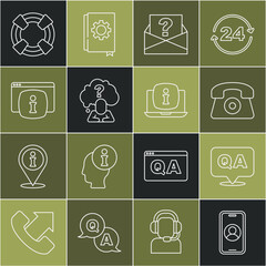 Poster - Set line Telephone 24 hours support, Question and Answer, Envelope with question mark, Head, Monitor FAQ information, Lifebuoy and Laptop icon. Vector