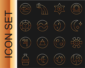 Poster - Set line Earth globe, Sun, Moon and stars, Falling, Planet, Pisces zodiac and Eclipse of the sun icon. Vector