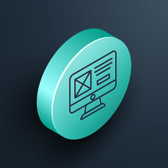 Poster - Isometric line UI or UX design icon isolated on black background. Turquoise circle button. Vector