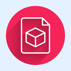 Poster - White line Isometric cube file icon isolated with long shadow. Geometric cubes solid icon. 3D square sign. Box symbol. Red circle button. Vector
