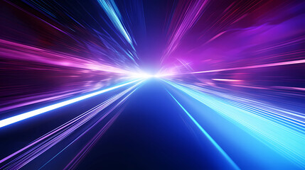 high speed technology concept background, light abstract background. Image of speed motion on the road. Abstract background in blue and purple neon glow colors