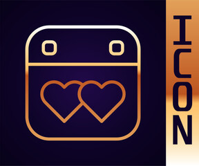 Poster - Gold line Calendar with heart icon isolated on black background. Valentines day. Love symbol. February 14. Vector