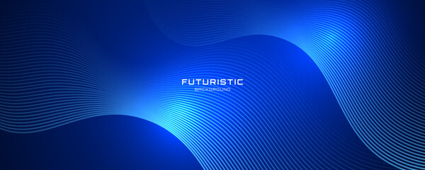 Poster - 3d blue techno abstract background overlap layer on dark space with glowing waves shape effect decor