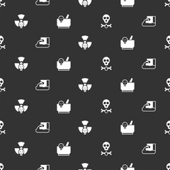 Set Bones and skull, Wastewater, Radioactive and Mortar pestle on seamless pattern. Vector