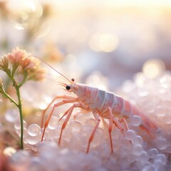 Sticker - A shrimp is sitting on a pile of bubbles, AI