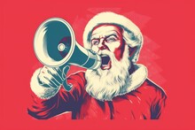 Retro Vintage Pop Art Poster Of Santa Claus With Megaphone, Festive Announcement Of Merry Christmas And A Happy New Year