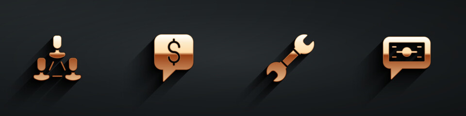 Poster - Set Employee hierarchy, Paid support, Wrench spanner and Stacks paper money cash icon with long shadow. Vector