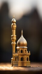 Sticker - Golden mosque and minaret on wooden table, AI