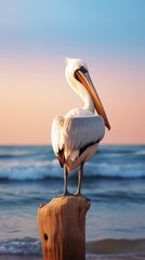 Poster - A pelican sitting on a stump on the beach, AI