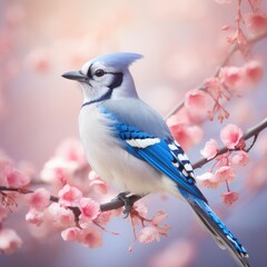 Canvas Print - Blue jay bird on cherry blossom tree, AI