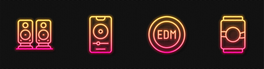 Wall Mural - Set line EDM electronic dance music, Stereo speaker, Music player and Beer can. Glowing neon icon. Vector