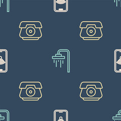 Poster - Set line Mobile with wi-fi wireless, Telephone handset and Shower on seamless pattern. Vector