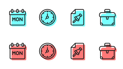 Poster - Set line Note paper with push button, Calendar, Clock and Briefcase icon. Vector