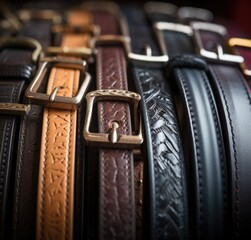 Poster - A close up of a variety of leather belts, AI