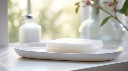 Sticker - A white soap dish on a counter next to a vase, AI