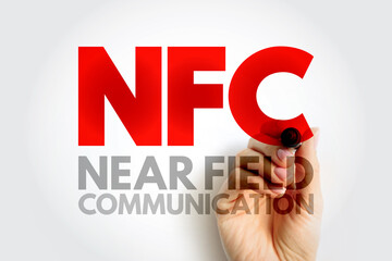 Poster - NFC Near-Field Communication - set of communication protocols that enables communication between two electronic devices over a distance of 4 cm, acronym text concept background