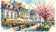 Enchanted European Square: A Children's Book Illustration of a Dreamy Town Scene with Blooming Trees and Bustling Cafés, Watercolor Illustration