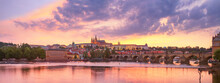 City Summer Landscape At Sunset, Panorama, Banner - View Of The Charles Bridge And Castle Complex Prague Castle In The Historical Center Of Prague, Czech Republic