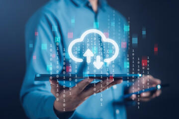 Poster - Businessman use cloud computing transfer data on network application.