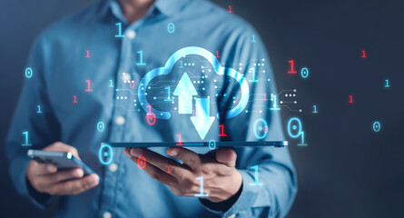 Poster - Businessman use cloud computing transfer data on network application.