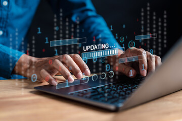 Poster - Update software and installing new version system in computer. Man upgrade program, Business technology internet loading bar with installing the update for the quality better...