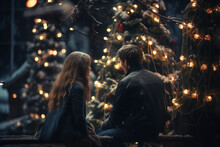 A Happy Couple Standing In Front Of A Christmas Tree