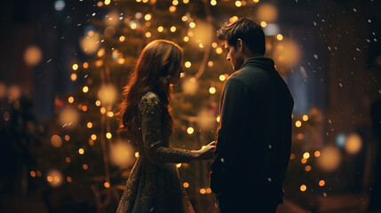 a happy couple standing in front of a christmas tree