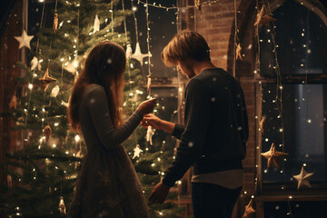 Wall Mural - a happy couple standing in front of a christmas tree