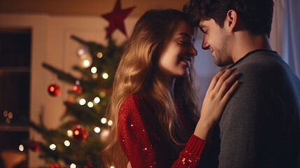 Wall Mural - a happy couple standing in front of a christmas tree