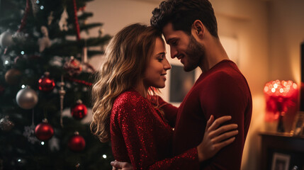 Wall Mural - a happy couple standing in front of a christmas tree