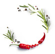 mexican frame border Fresh green organic rosemary leaves and red hot chilli pepper isolated on white background. Transparent background and natural transparent shadow; Ingredient, spice for cooking. c