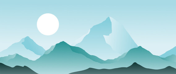 Wall Mural - minimal vector abstract landscape with sun. mountain background with gradient, in blue tones. vector