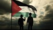AI generated illustration of two young boys silhouetted near a Palestinian flag