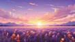 Sunset over a lavender field, with fragrant blooms and bees in the warm evening light, Anime Style.