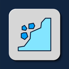 Sticker - Filled outline Landslide icon isolated on blue background. Stones fall from the rock. Boulders rolling down a hill. Rockfall. Vector