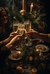 Canvas Print - people holding champagne glasses at a christmas dining table