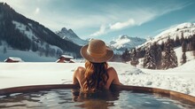 Beautiful Girl In A Jacuzzi In Nature In The Mountains. Generation AI