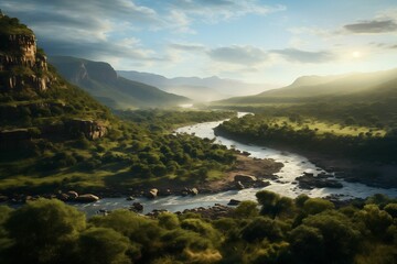 Canvas Print - An AI illustration of the valley with some trees and some rocks by the water