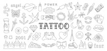 Old School Tattoos Outline Set. Various Old School Tattoos. Swallow, Rose, Heart, Knife, Anchor, Skull, Hands, Flowers, Snake. Vector Illustration.