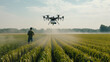 The sight of pesticides being sprayed by drones on a vast corn field.