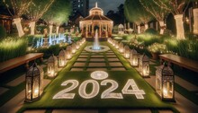 A Magical Path Leads To A Dazzling Gazebo Adorned With Sparkling Lights, Signifying The New Year Celebration Of 2024, Surrounded By Lush Plants And Trees, With A Majestic Building In The Background