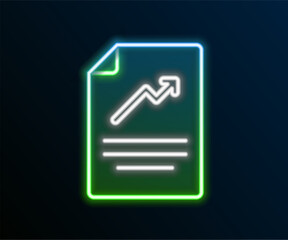 Poster - glowing neon line document with graph chart icon isolated on black background. report text file icon