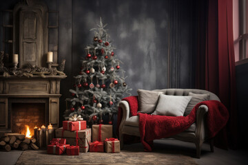 Wall Mural - Cozy festive room with a fire place decorated for Christmas backdrop with xmas tree, gifts and light. generative ai