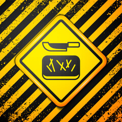 Wall Mural - Black Cutting board and knife icon isolated on yellow background. Chopping Board symbol. Cutlery symbol. Warning sign. Vector