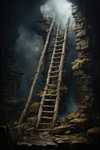 Old Wooden Staircase Leading Up From A Dark Cave To Sunlight. The Concept Of Striving For Knowledge