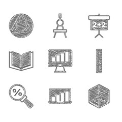 Poster - Set Computer monitor with graph chart, Laptop, Geometric figure Cube, Ruler, Magnifying glass percent, Open book, Chalkboard and Triangle math icon. Vector