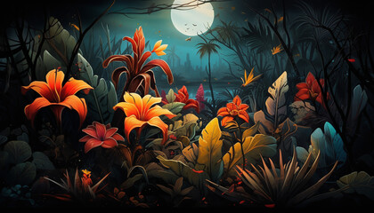 Wall Mural - tropical plants and flowers background