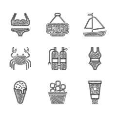 Canvas Print - Set Aqualung, Ice bucket, Sunscreen cream in tube, Swimsuit, waffle cone, Crab, Yacht sailboat and icon. Vector