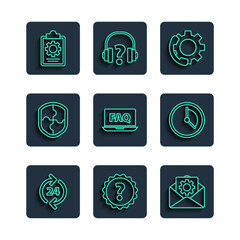Poster - Set line Telephone 24 hours support, Question mark, Envelope setting, Laptop and FAQ, Shield, Checklist with service and Time Management icon. Vector